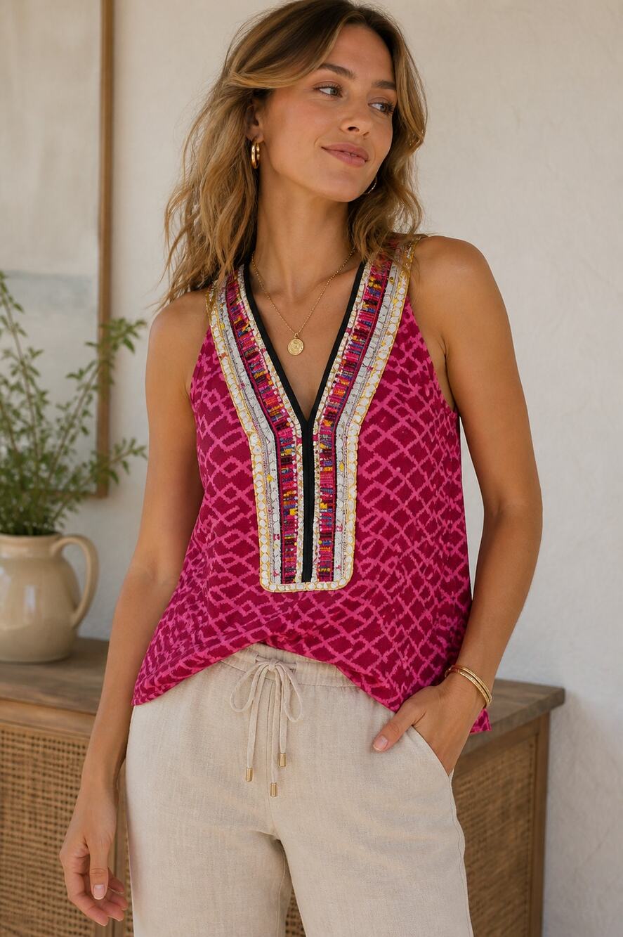 Akemi + Kin Embroidered Linen Blend Tank Top Pink Boho Anthropologie Size S